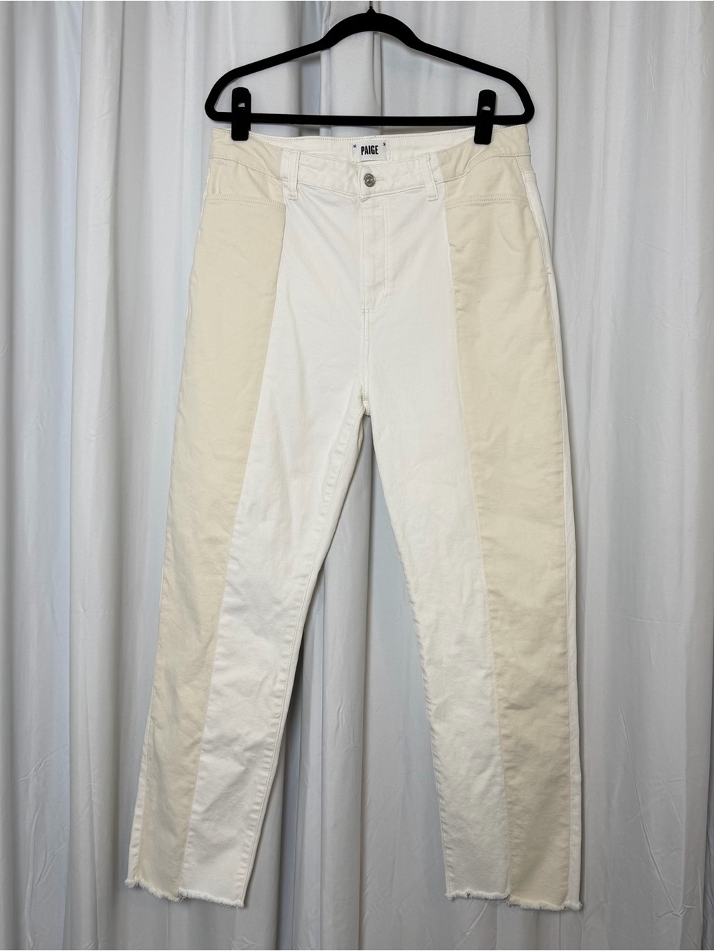 Paige Stella Straight Leg Jeans 33 Ecru Sunrise Two Tone Raw Hem High Rise